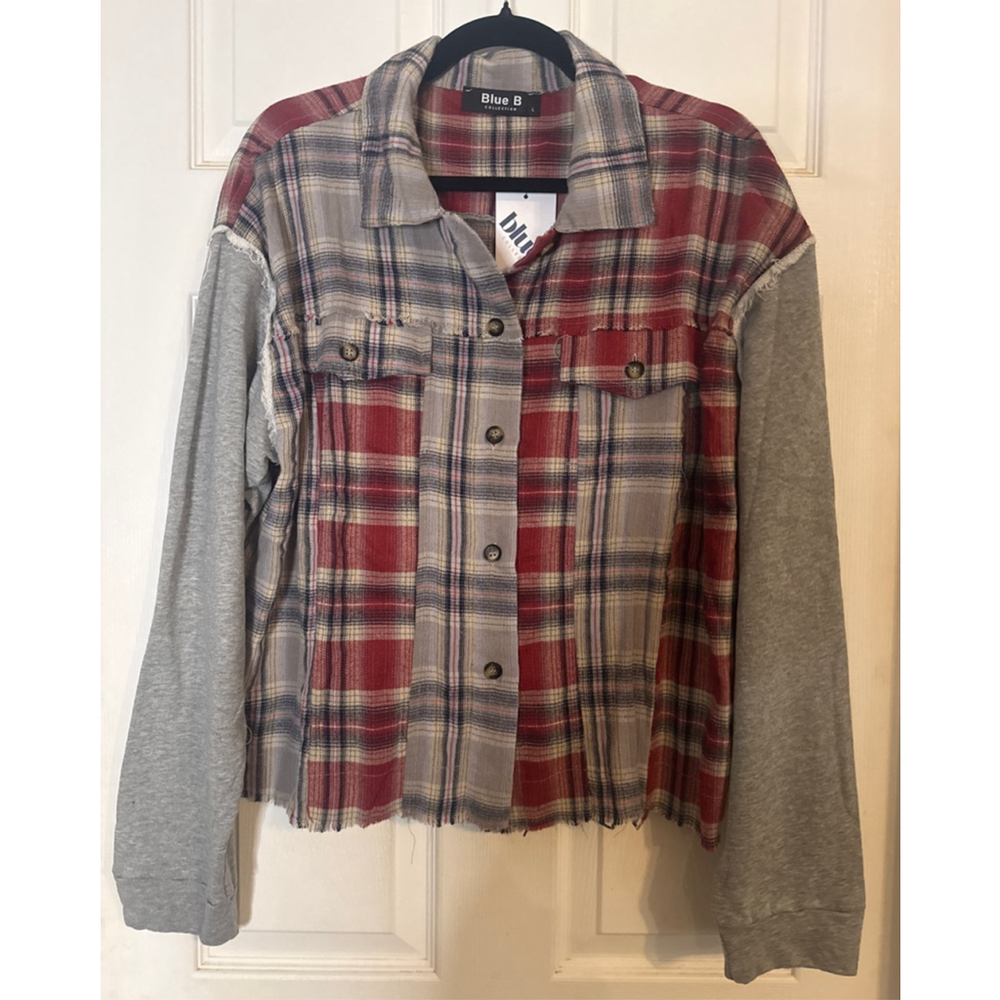 Blue B Collection Plaid Button Down Shirt L Red Gray